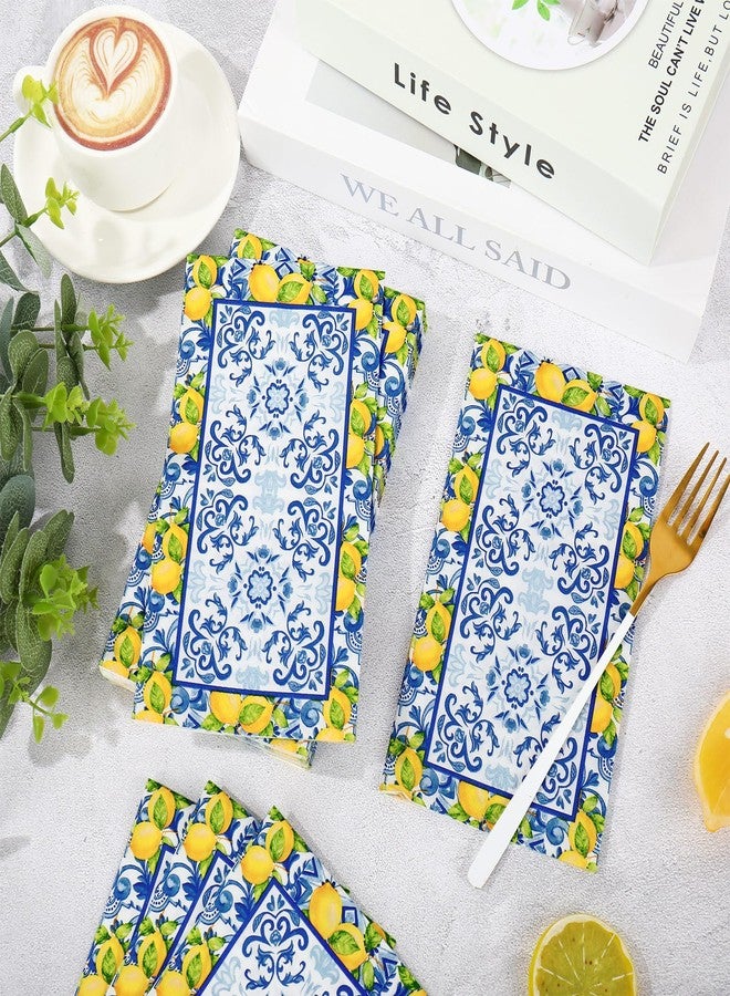 JarThenaAMCS 80Pcs Lemon Guest Napkins Blue Tile Lemon Disposable Paper Napkin Mediterranean Dinner Hand Napkin for Summer Party Supplies - Image 4